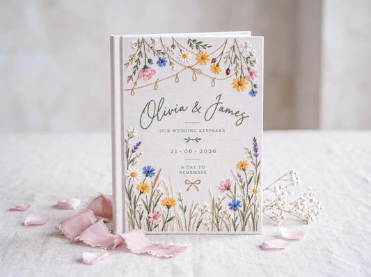 Wildflower Meadow Wedding Guest Book, Hand Embroidered Floral Garland Linen Cover, Daisy and Lavender Garden Design, Custom Names and Date