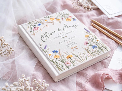 Wildflower Meadow Wedding Guest Book, Hand Embroidered Floral Garland Linen Cover, Daisy and Lavender Garden Design, Custom Names and Date