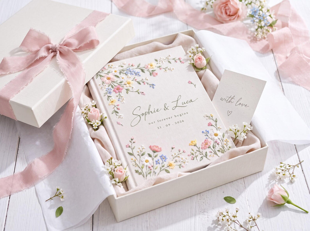 Personalized Wildflower Wedding Guest Book, Hand Embroidered Pink Daisy Floral Linen Cover, Garden Meadow Design, Custom Names and Date