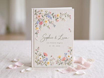 Personalized Wildflower Wedding Guest Book, Hand Embroidered Pink Daisy Floral Linen Cover, Garden Meadow Design, Custom Names and Date