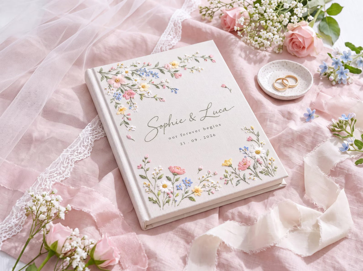 Personalized Wildflower Wedding Guest Book, Hand Embroidered Pink Daisy Floral Linen Cover, Garden Meadow Design, Custom Names and Date