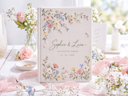 Personalized Wildflower Wedding Guest Book, Hand Embroidered Pink Daisy Floral Linen Cover, Garden Meadow Design, Custom Names and Date