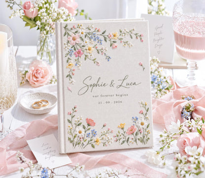 Personalized Wildflower Wedding Guest Book, Hand Embroidered Pink Daisy Floral Linen Cover, Garden Meadow Design, Custom Names and Date