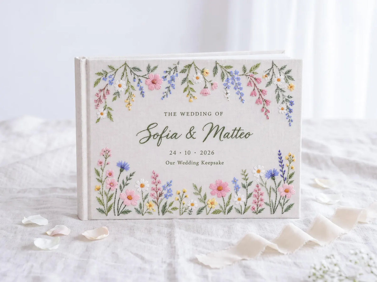Personalized Wildflower Wedding Guest Book, Hand Embroidered Floral Garland Linen Cover, Pastel Daisy Meadow Design, Custom Names and Date