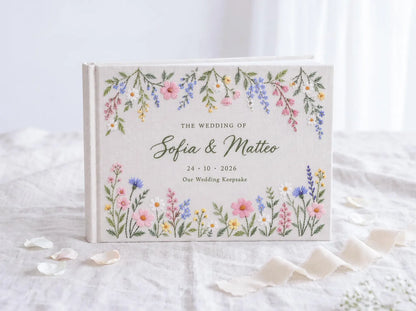 Personalized Wildflower Wedding Guest Book, Hand Embroidered Floral Garland Linen Cover, Pastel Daisy Meadow Design, Custom Names and Date