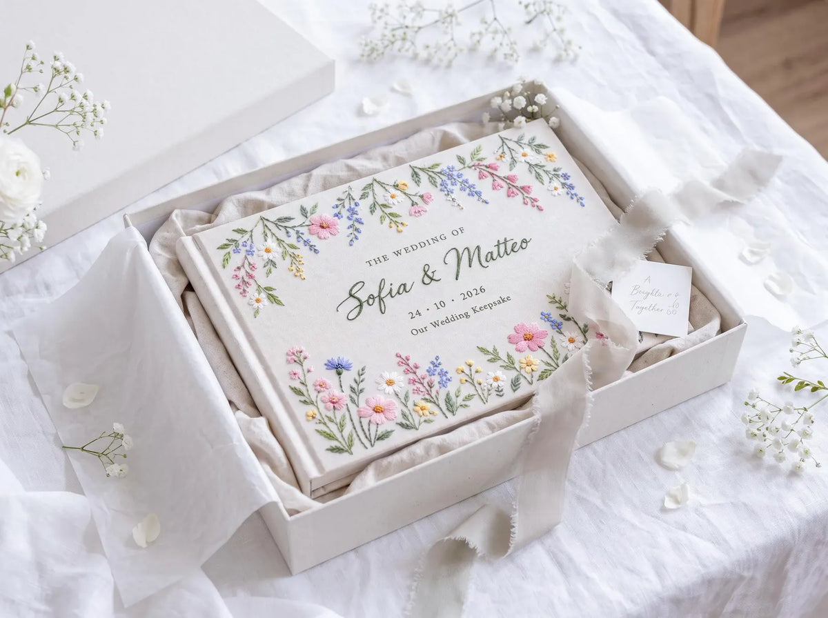 Personalized Wildflower Wedding Guest Book, Hand Embroidered Floral Garland Linen Cover, Pastel Daisy Meadow Design, Custom Names and Date