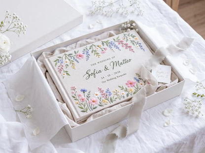 Personalized Wildflower Wedding Guest Book, Hand Embroidered Floral Garland Linen Cover, Pastel Daisy Meadow Design, Custom Names and Date