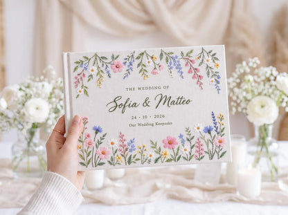 Personalized Wildflower Wedding Guest Book, Hand Embroidered Floral Garland Linen Cover, Pastel Daisy Meadow Design, Custom Names and Date
