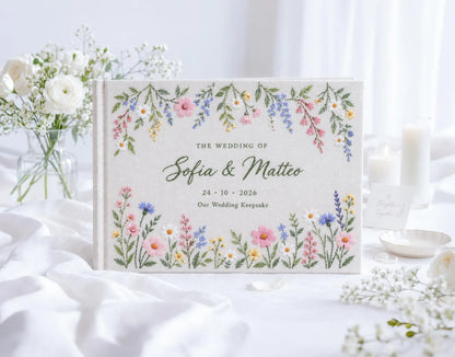 Personalized Wildflower Wedding Guest Book, Hand Embroidered Floral Garland Linen Cover, Pastel Daisy Meadow Design, Custom Names and Date