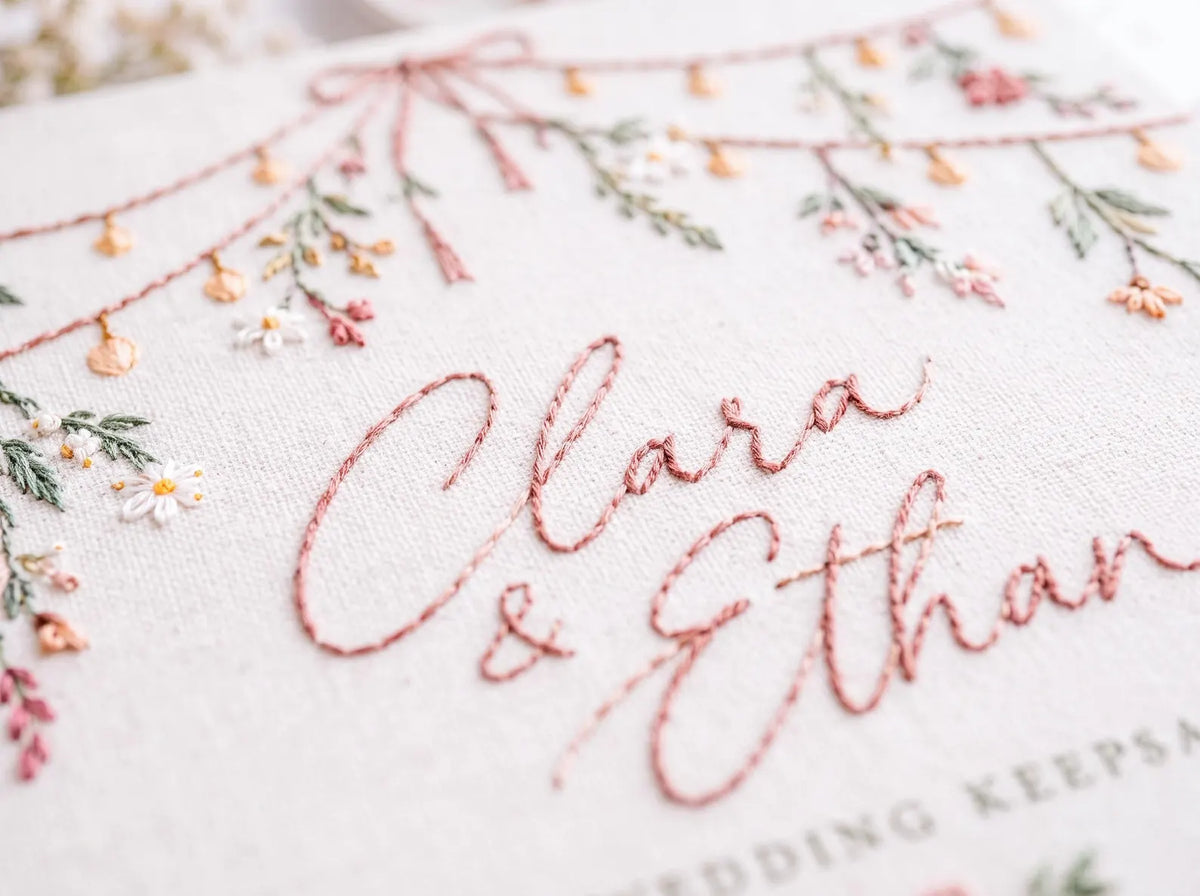 Personalized Wildflower Wedding Guest Book, Hand Embroidered Floral Fairy Lights Linen Cover, Pink Floral Meadow, Custom Names and Date