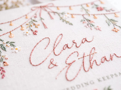 Personalized Wildflower Wedding Guest Book, Hand Embroidered Floral Fairy Lights Linen Cover, Pink Floral Meadow, Custom Names and Date