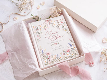 Personalized Wildflower Wedding Guest Book, Hand Embroidered Floral Fairy Lights Linen Cover, Pink Floral Meadow, Custom Names and Date