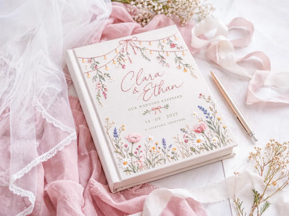 Personalized Wildflower Wedding Guest Book, Hand Embroidered Floral Fairy Lights Linen Cover, Pink Floral Meadow, Custom Names and Date