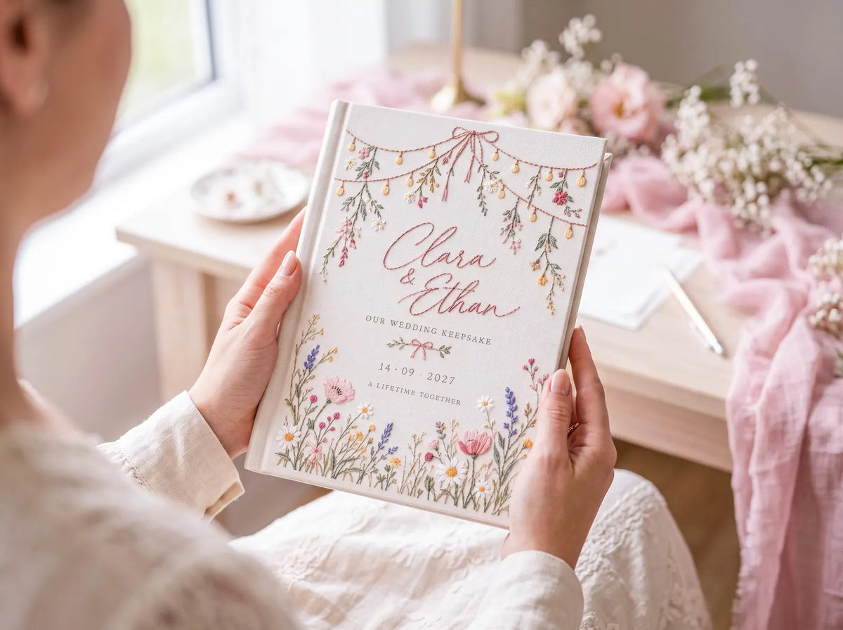 Personalized Wildflower Wedding Guest Book, Hand Embroidered Floral Fairy Lights Linen Cover, Pink Floral Meadow, Custom Names and Date