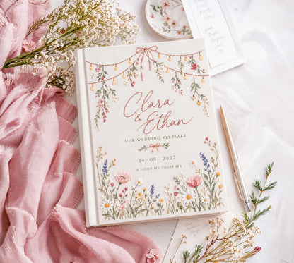 Personalized Wildflower Wedding Guest Book, Hand Embroidered Floral Fairy Lights Linen Cover, Pink Floral Meadow, Custom Names and Date