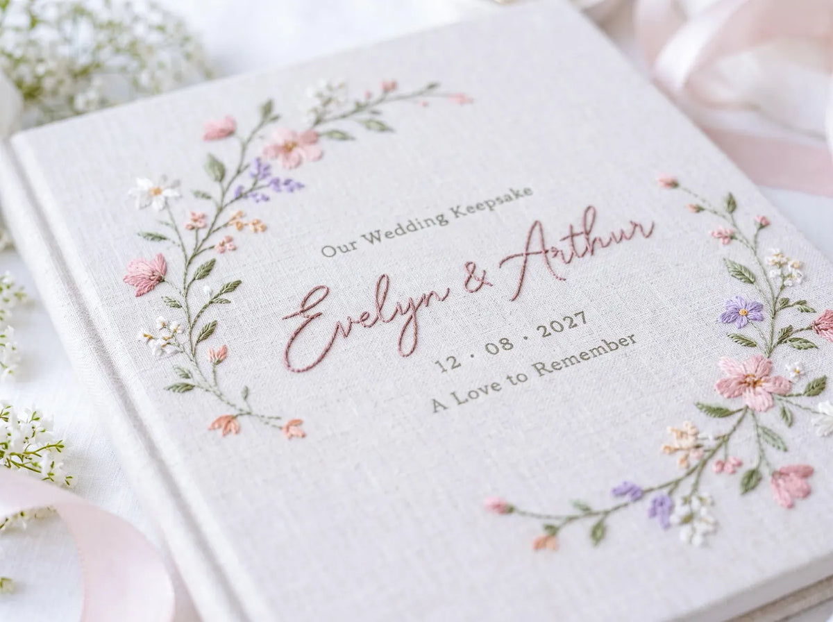 Personalized Floral Wedding Guest Book, Hand Embroidered Blush Pink Wildflower Wreath, Linen Wedding Keepsake, Custom Names and Date