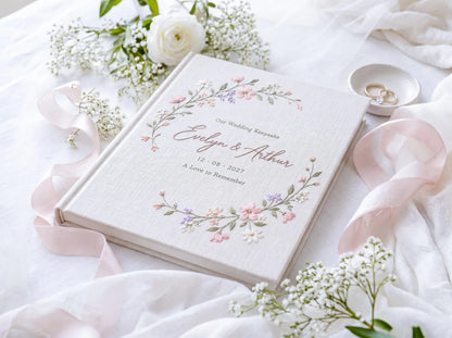 Personalized Floral Wedding Guest Book, Hand Embroidered Blush Pink Wildflower Wreath, Linen Wedding Keepsake, Custom Names and Date