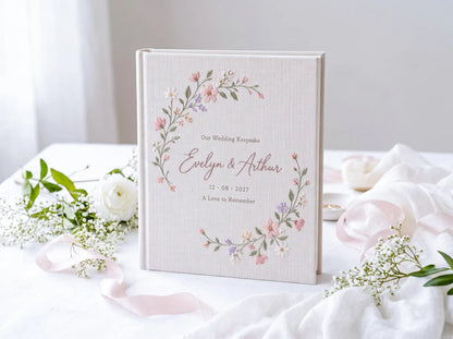 Personalized Floral Wedding Guest Book, Hand Embroidered Blush Pink Wildflower Wreath, Linen Wedding Keepsake, Custom Names and Date