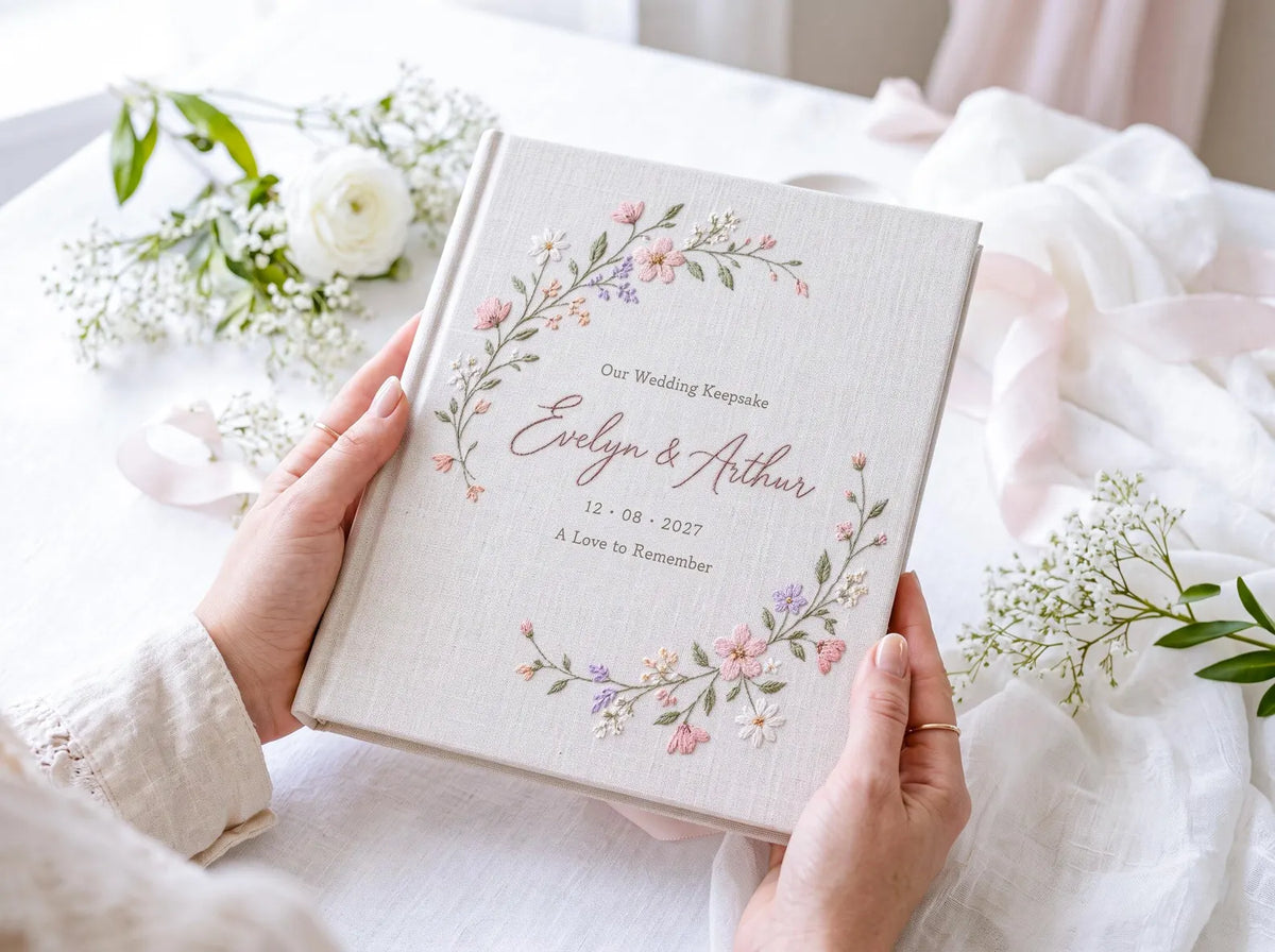 Personalized Floral Wedding Guest Book, Hand Embroidered Blush Pink Wildflower Wreath, Linen Wedding Keepsake, Custom Names and Date