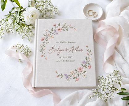Personalized Floral Wedding Guest Book, Hand Embroidered Blush Pink Wildflower Wreath, Linen Wedding Keepsake, Custom Names and Date
