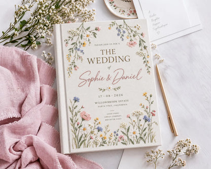 Personalized Wedding Guest Book, Hand Embroidered Wildflower Linen Guestbook, Floral Meadow Design, Custom Names and Date