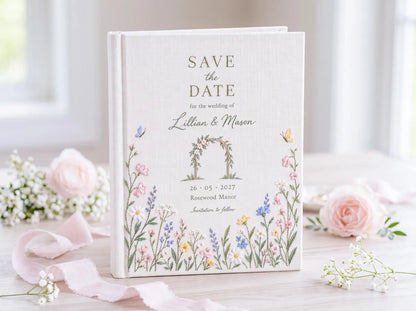 Personalized Save the Date Wedding Guest Book, Hand Embroidered Linen Guestbook, Wildflower Meadow Floral Arch Design, Custom Names and Date
