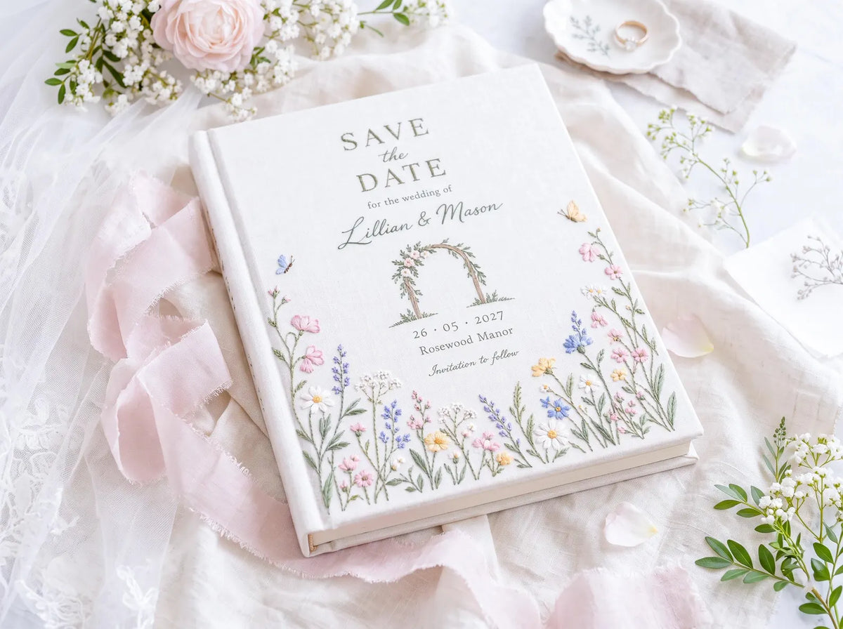 Personalized Save the Date Wedding Guest Book, Hand Embroidered Linen Guestbook, Wildflower Meadow Floral Arch Design, Custom Names and Date