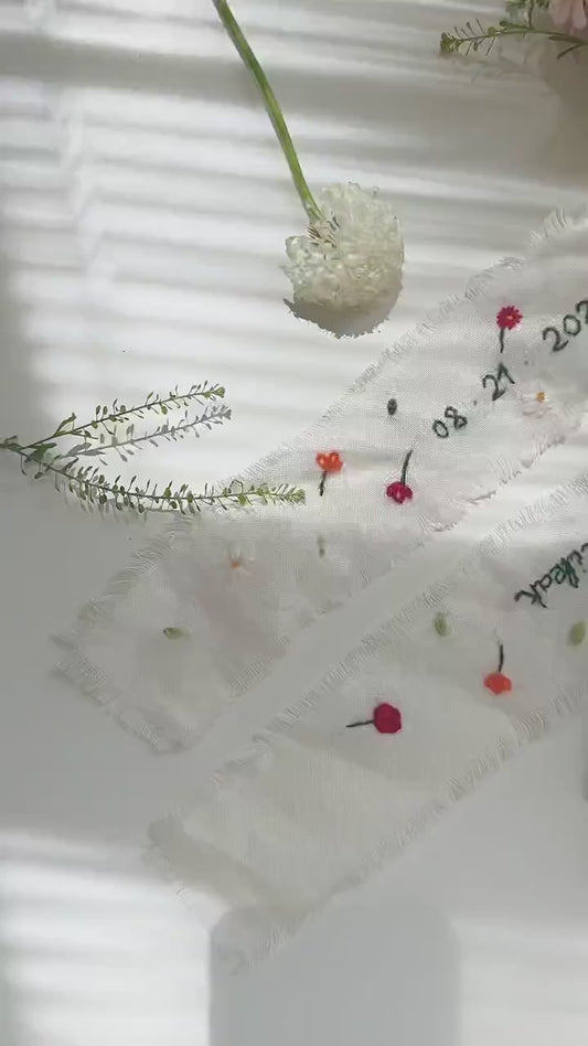 Personalized Embroidered Wedding Ribbon – Custom Linen Tie for Bouquet or Hair, Hand-stitched with Names & Date, Bridal Keepsake Gift